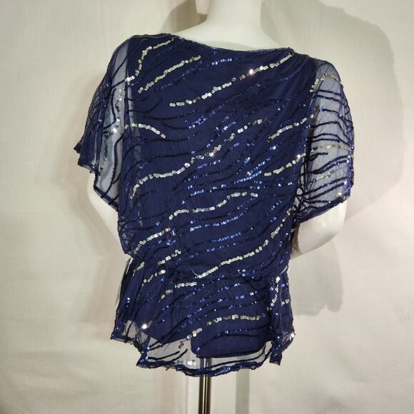 Alex Evenings Women's Sequined Short Sleeve Scoop Neck Blue Top Blouse Size S 12 - Picture 3 of 12